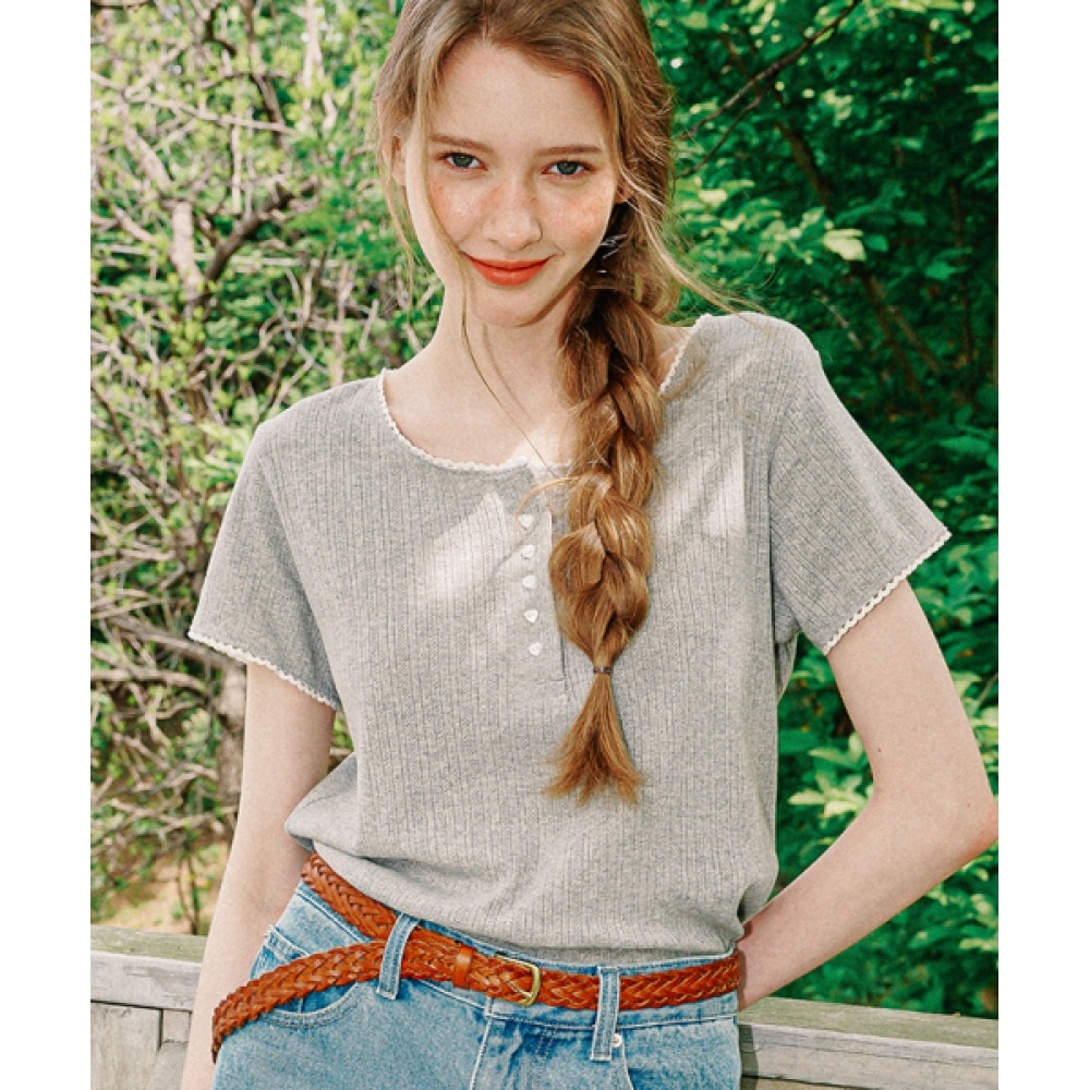 RONRON トーションレースヘンリーネック T シャツグレー