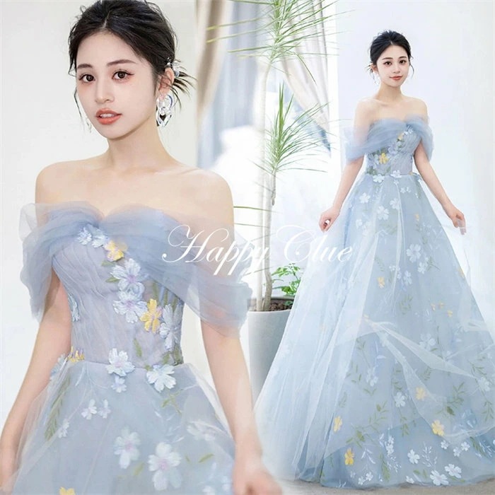 花嫁 ドレス ウエディングドレス 二次会 ドレス カラードレス 青 オフショルダー 結婚式 パーティードレス ロングドレス レディース プリンセス フォーマル お呼ばれ 披露宴 ピアノ演奏会 発表会