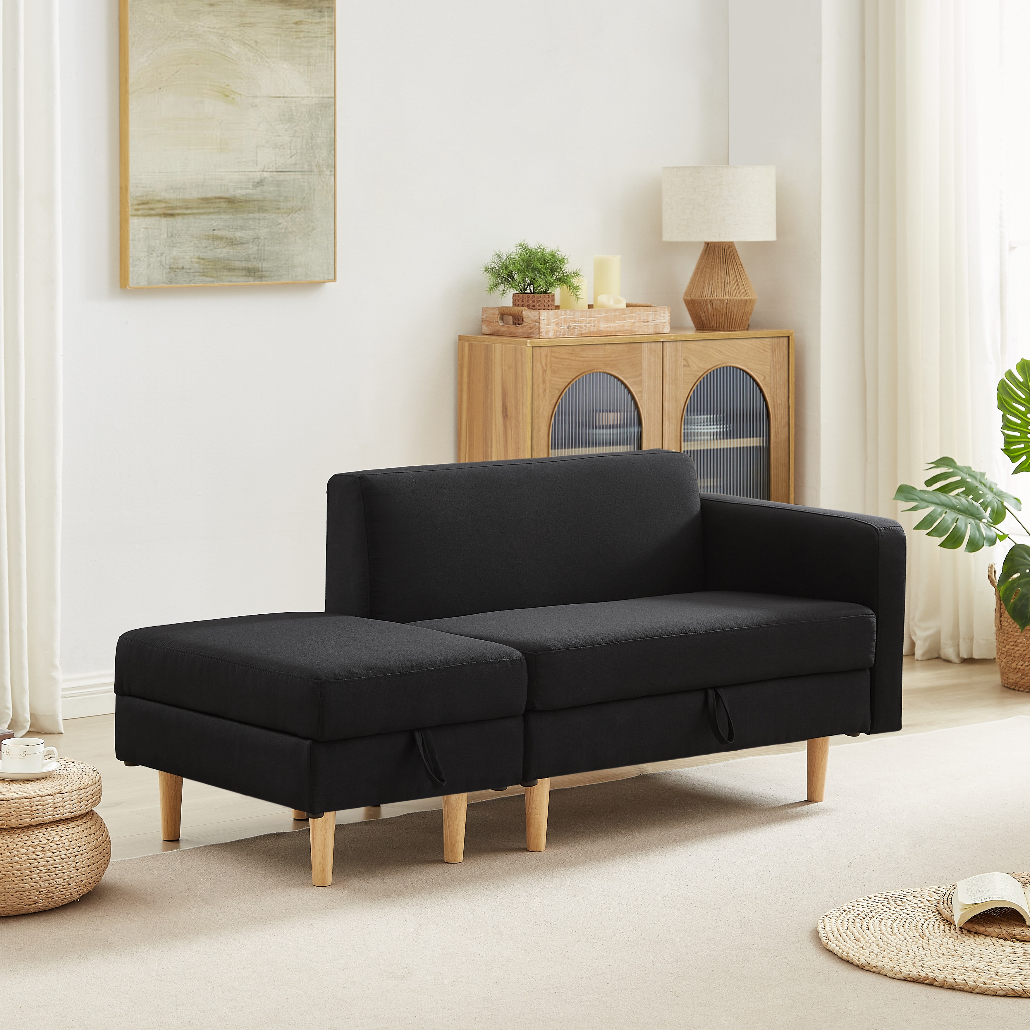 【318】One Arm 2 Seater sofa+Ottoman ソファ 2人掛け 収納付き オットマン付き ファブリック 肘掛け 木脚外し可能 ローソファ コンパクト ひとり暮らし カウチソファ