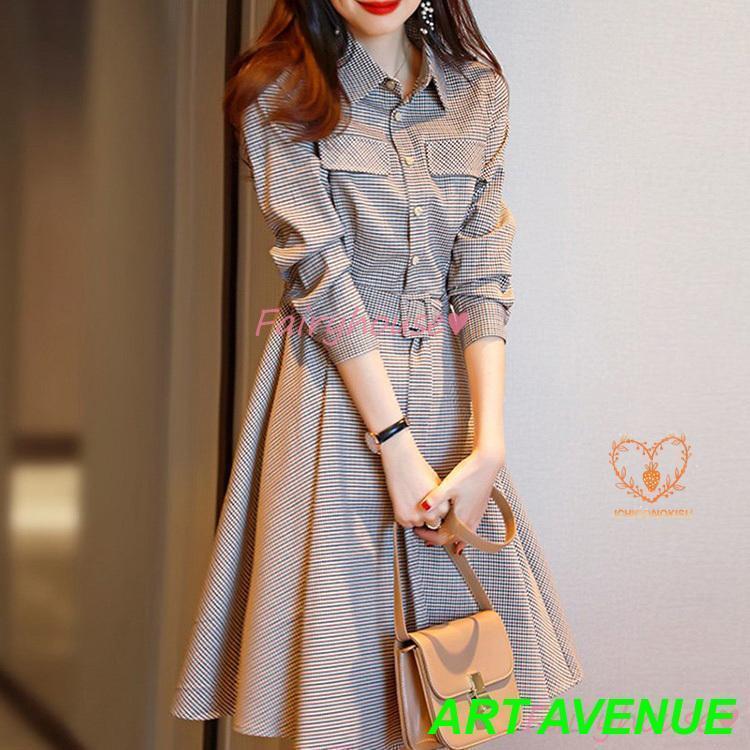 シャツワンピース レディース 40代膝丈ワンピース 春夏秋新作 長袖ワンピース チェック柄 フレア Aラインスカート オシャレ 結婚式 お出かけ 大人 30代 50代