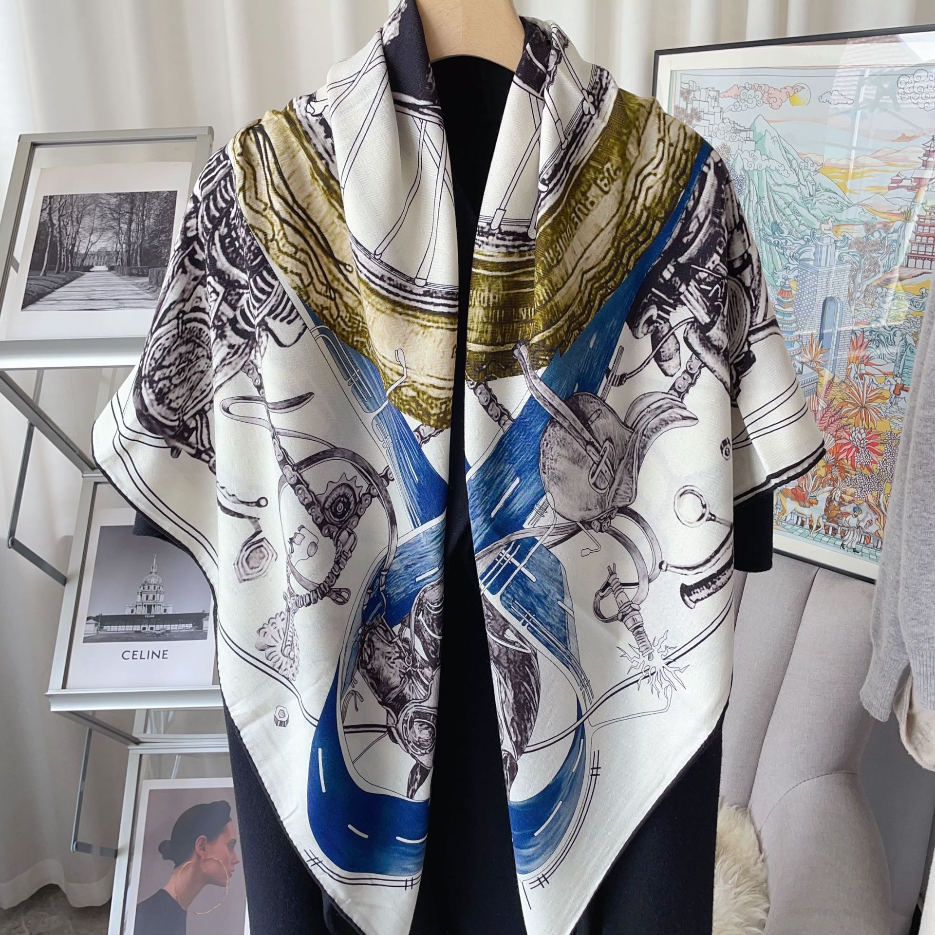 プリントスカーフ女性多色柄オプションファッションストールシルクウール両面大スカーフ保温マフラー