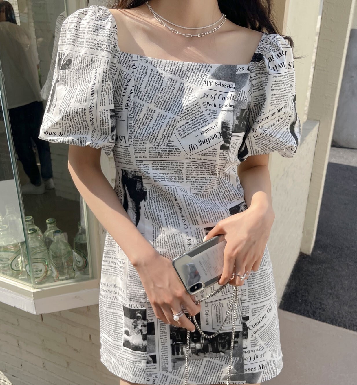 3色 ワンピース 半袖 春 夏 きれいめ カジュアル かわいい ワンピドレス ミニ ミニ丈 ショート ショート丈 五分袖 ぽわん袖 ボリューム袖 ボリュームスリーブ 袖コンシャス パフスリーブ スクエ