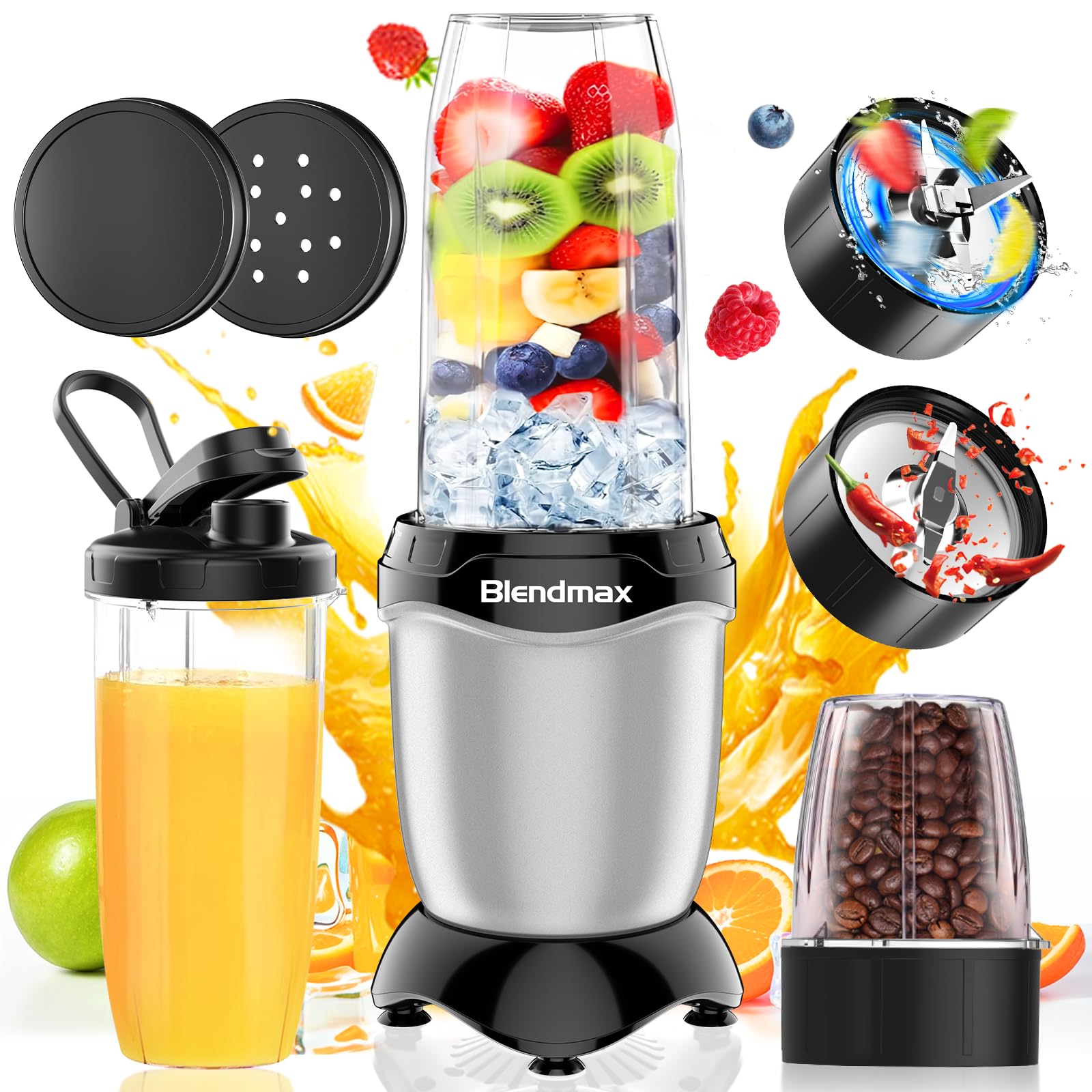 ジューサー ミキサー 氷も砕ける 【1台多役10点セット＆2種類の刃6枚刃+2枚刃＆2つボトル600ml+300ml 】ミキサー 小型 スムージー/野菜/果物/ジュース/コーヒーミル 最大850W ハ