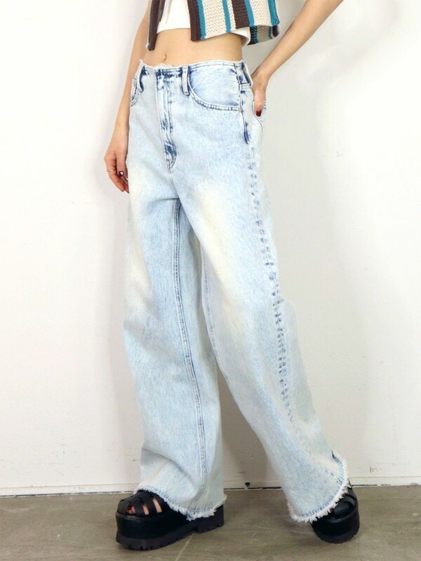 EMODA エモダ デニム レディース カットフリンジルーズジーンズ デニムパンツ ワイド ボトムス デニム ルーズシルエット カットオフ フリンジ　042322471001