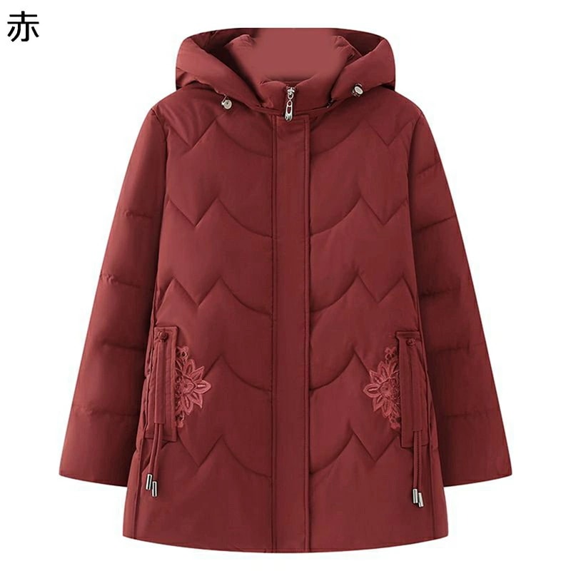 レディースコットンジャケット レディース フード付き 中綿 花柄デザイン 刺繍付きポケット 婦人服 シニアアウター ウィンタージャケット 長袖 厚い 保暖保温 綿服 アウター 秋冬用 中高年 50-7