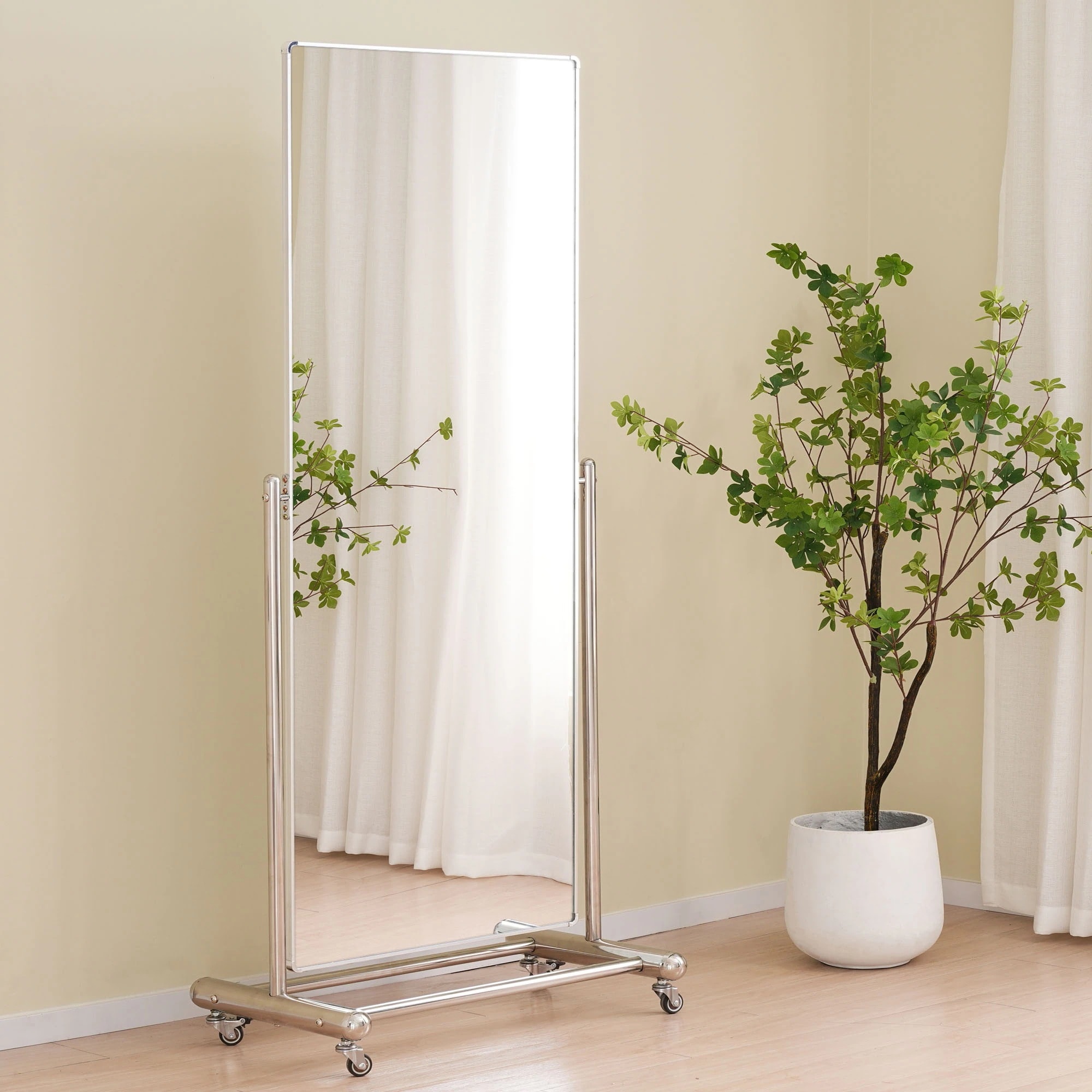 【国内即日発送】全身鏡 姿見鏡 キャスター付き 大型ミラー 全身ミラー おしゃれ 丸角 ステンレススチール シルバー 飛散防止 オフィス インテリア 玄関 リビング 更衣室 162*68CM