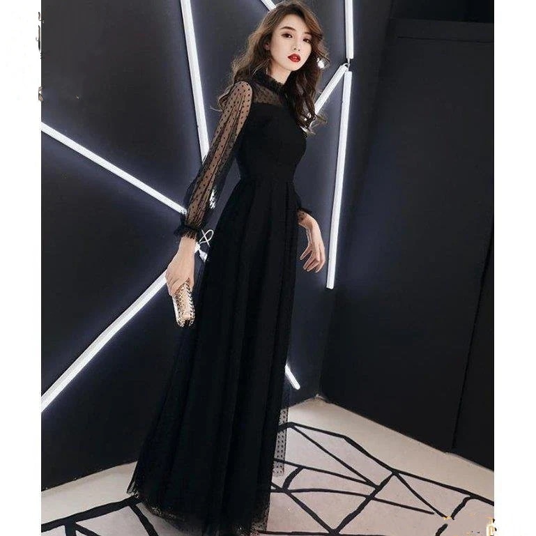 黒ロングドレス ハイネック お呼ばれ ドレス パーティードレス 着痩せ 成人式 演奏会 卒業式