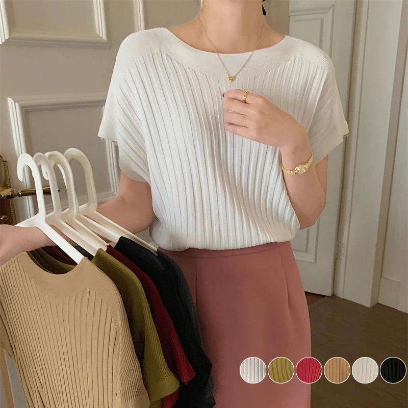【20点セット】【急速出荷】ドルマンスリーブサマーニットストレッチ 半袖ニットトップスレディースTシャツ韓国ファッション ニット