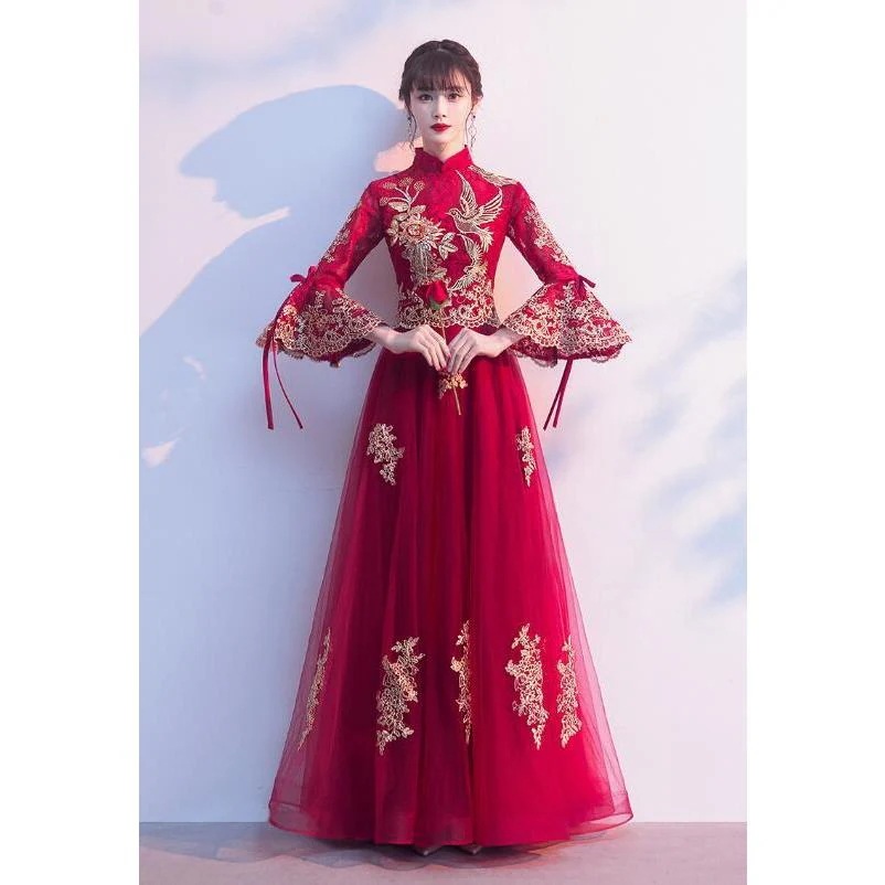 チャイナドレス ロング丈 マキシ丈 中国風結婚式 花嫁 ドレス 七分袖 袖フリル レース チュール切替 中華ドレス チャイナカラー 花 きらきら 金色刺しゅう 中華30%までに制限