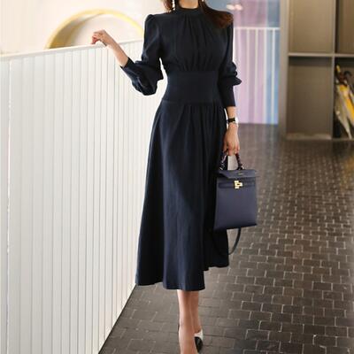 ワンピース ロング カジュアル おしゃれ きれいめ 袖あり ロング丈 ミモレ丈 エレガント 長袖 レディース ワンピ ドレス パフスリーブ フレアスカート オフィス お呼ばれ ネイビー 紺 春 夏 秋