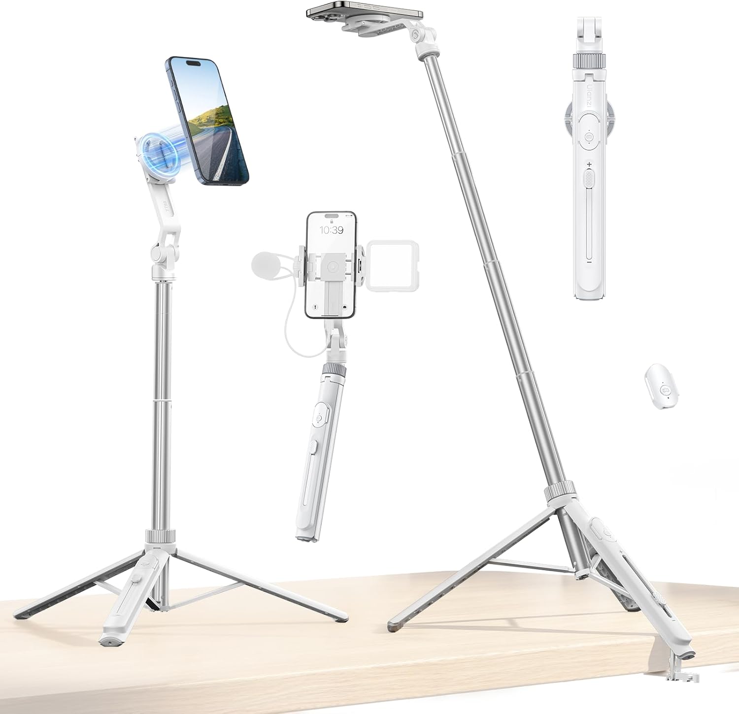 自撮り棒 三脚 スマートフォン対応 折りたたみ式 伸縮 リモコン付き 360度回転 パノラマ撮影 卓上スタンド ホワイト