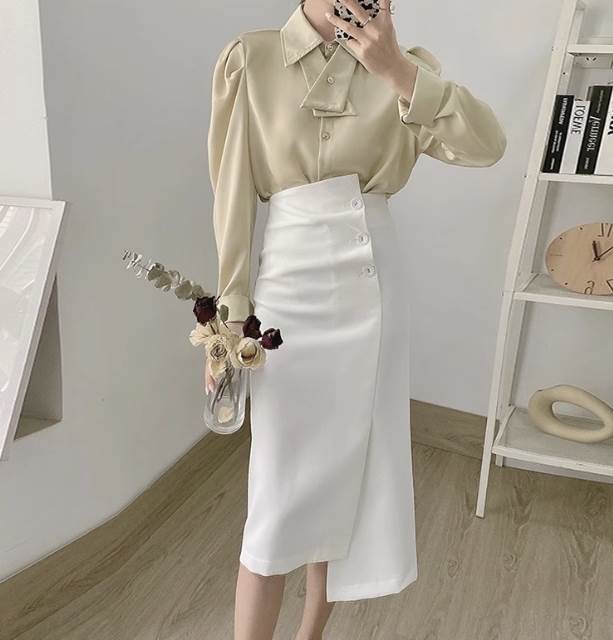 レディース スカート ラップスカート 膝丈 ストレート アシンメトリー スリット サイドボタン