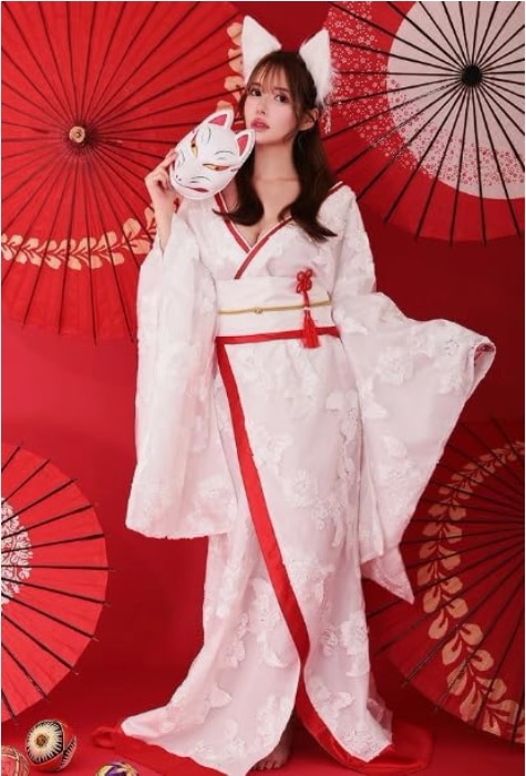 コスプレ着物 キツネ コスチューム 和風 エロ コスプレ 胸開き 着物 誘惑 衣装 セクシー 着物ドレス 耳 カチューシャ 和柄 本格和装 コスプレ大人 コスプレ衣装 ドレス ロング 可愛い イベント