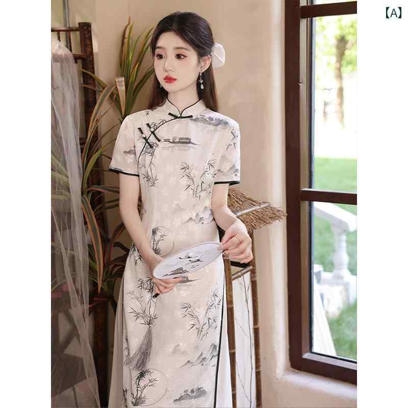 アオザイ チャイナドレス 夏 レディース ワンピース 竹 水墨画 エレガント ロング丈 ブラック