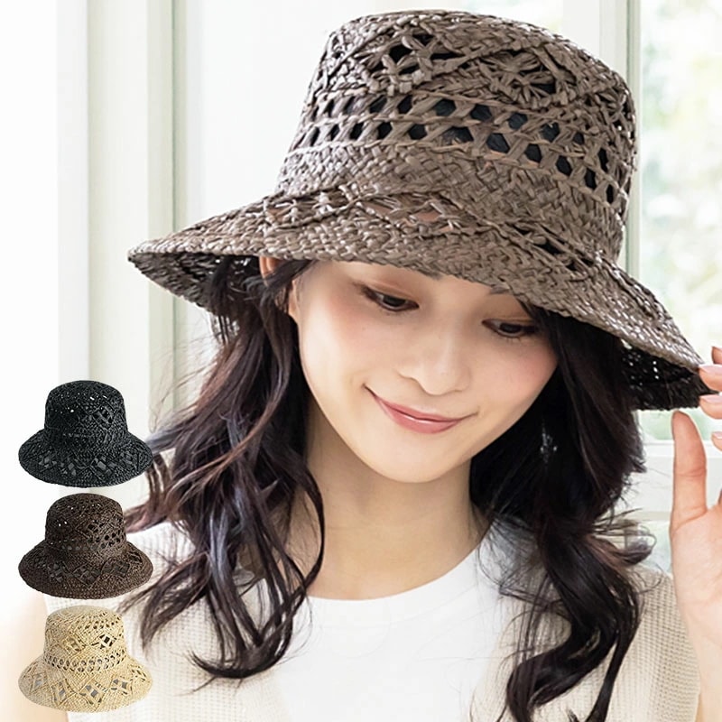 帽子 レディース ボヘミアンラフィアバケット 麦わら帽子 つば広 ハット ラフィア 100% 天然素材 日よけ 春 春夏 夏 ギフト 運動会 旅行 母の日