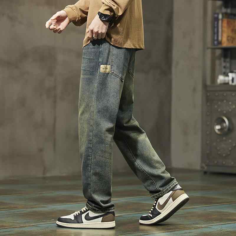 コーデ メンズ シンプル ファッション オシャレ かっこいい 大きいサイズ ストリート 紳士 ジーンズ ストレート レッグ オール シーズン アメリカン レトロ ウォッシュド ダメージ イエロー ワイ