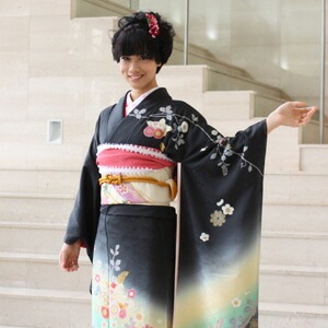 レンタル最大20日間 振袖 レンタル 成人式 セット正絹京友禅 20点フルセット黒 ブラック 緑 グリーン 黄 イエロー 花柄成人式から結婚式やフォーマルまで