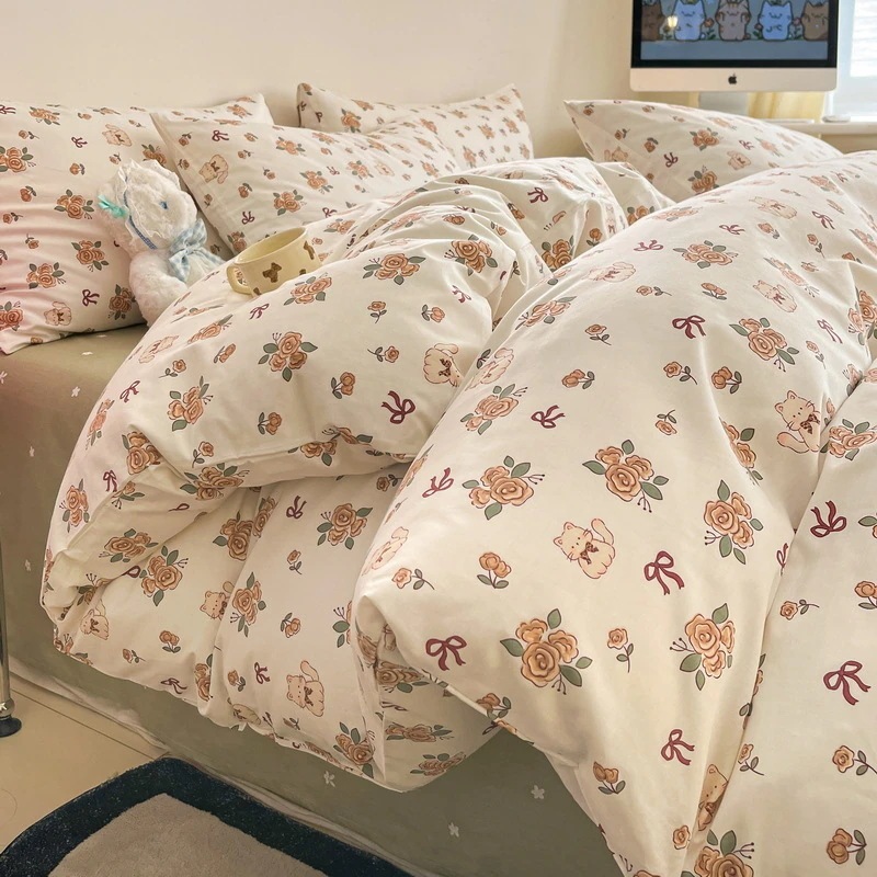 大好評 かわいい漫画の綿 4 ピース秋寝具セット 40 カウント純綿ベッドシーツとキルトカバー 3 点セット