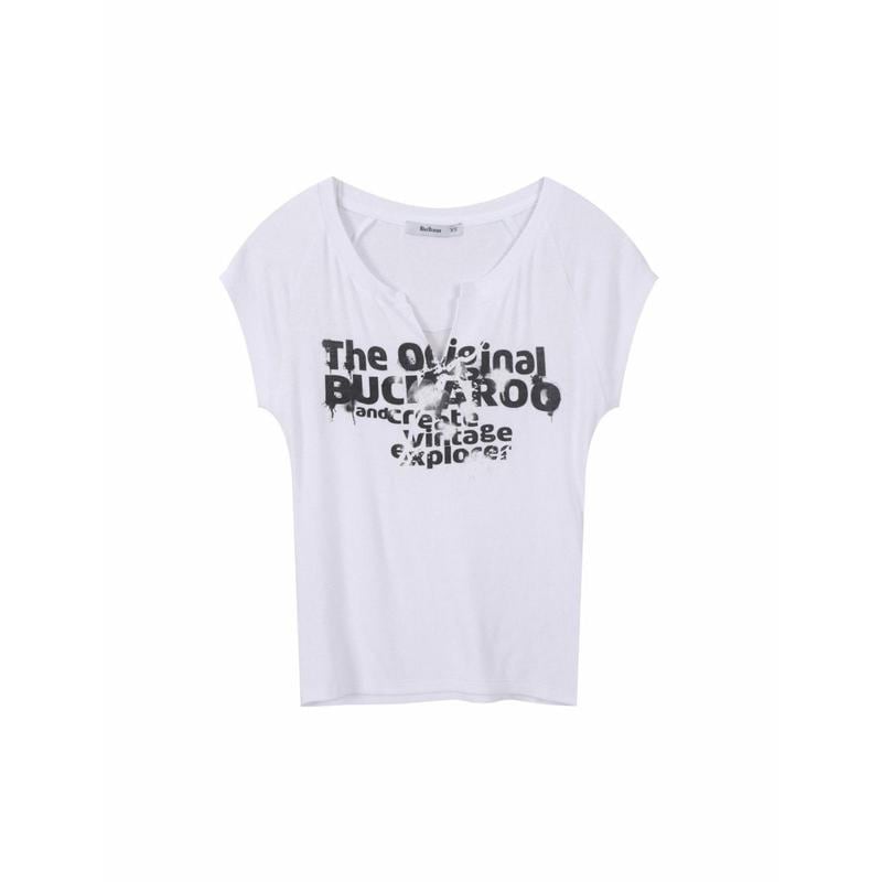 女性スリムフィットアートワークオープンエリエリキャップ袖Tシャツ(B262TS630P)