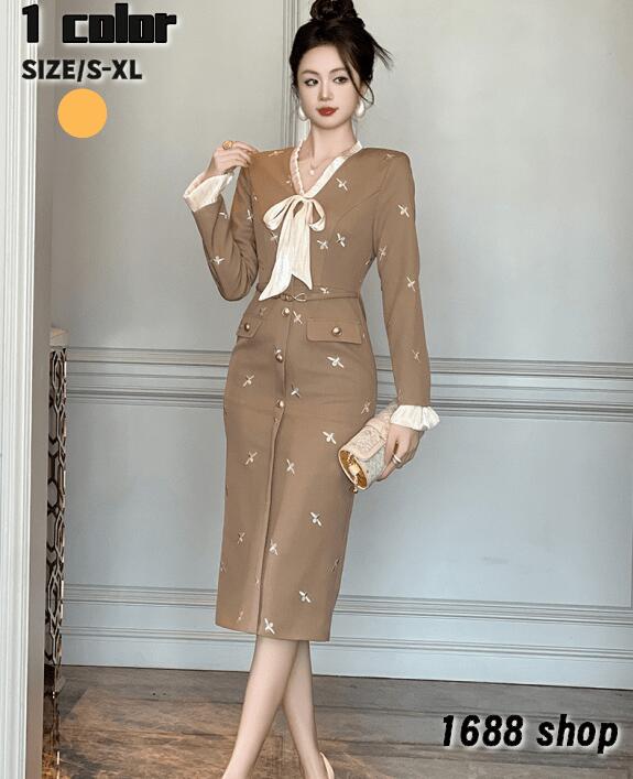 大特価2025 タイトワンピース 姫系ワンピース　シンプル　ワンピース インポート ひざ丈 ミドル丈 エレガント　韓国ファッション シンプル Vネック パーティドレス 長袖　お嬢様 セクシー ミニワン