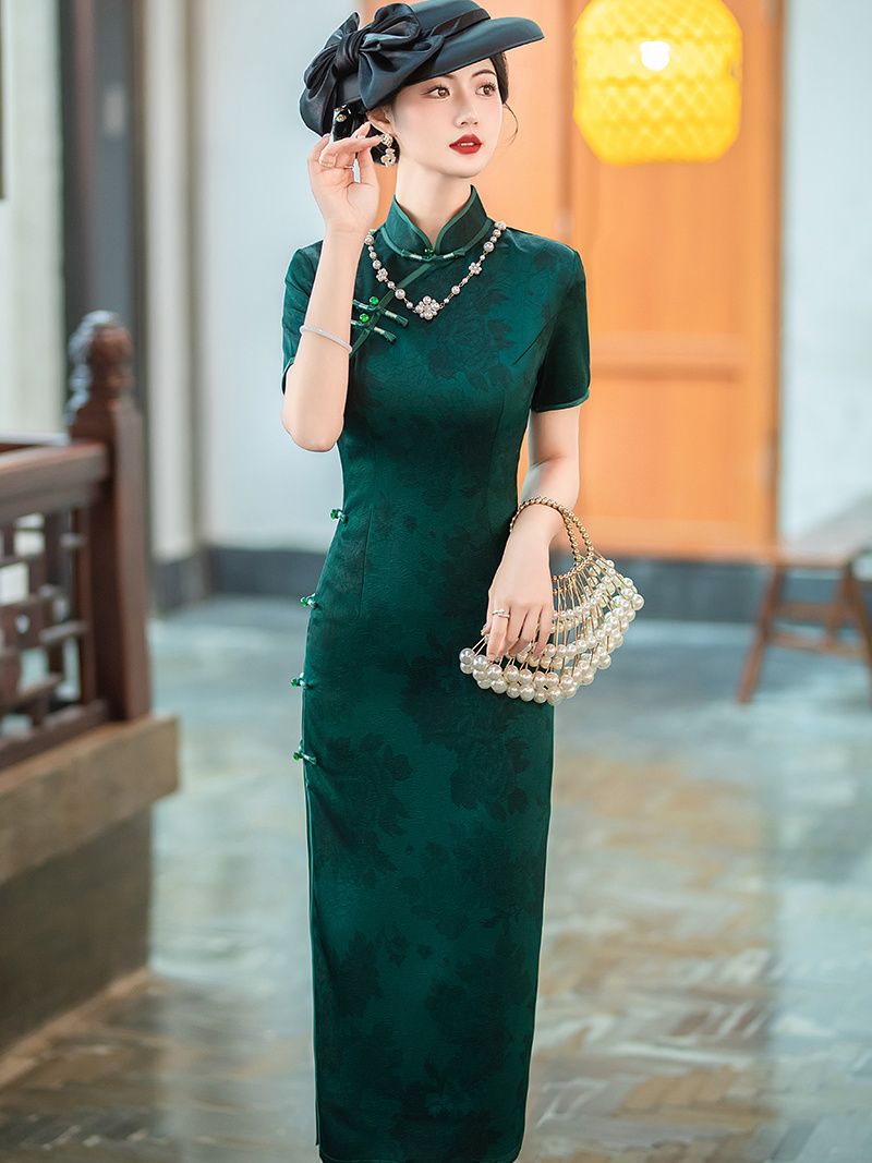 レトロ古い上海チャイナドレスロング半袖夏エレガントスリム気質ママ着用デイリーパーティーグリーン