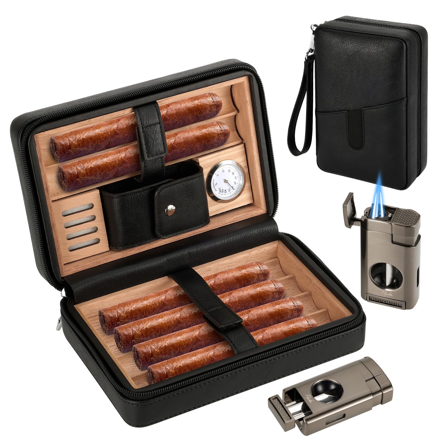 葉巻ケース 湿度計・加湿器付き&ターボライター レザースペイン杉 6本 携帯便利 旅行 （葉巻なし）（ブラック）