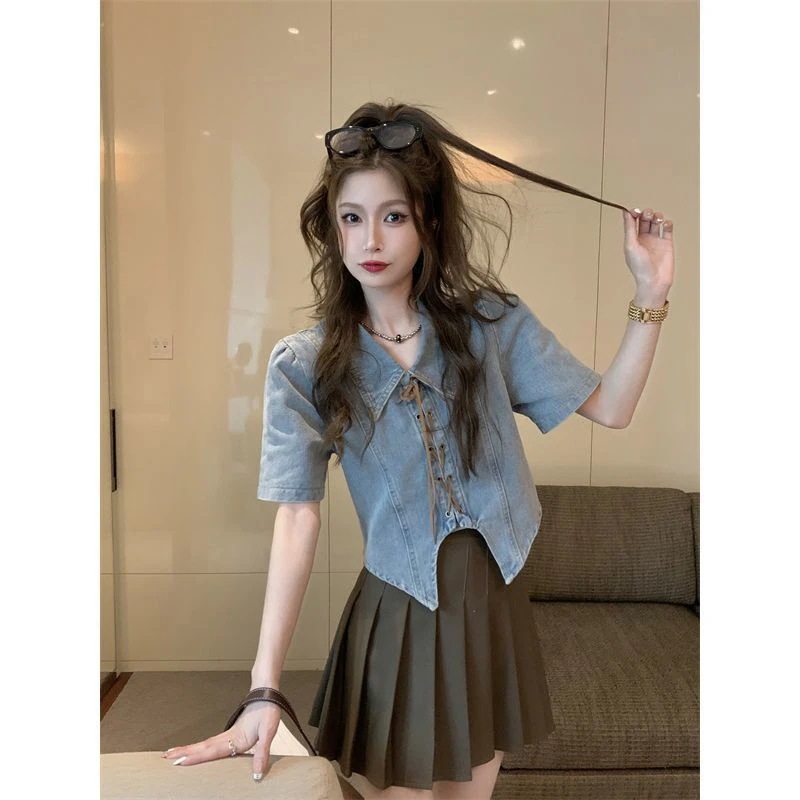 セットアップ夏の新スタイルストラップデニムシャツレディースイレギュラー半袖シャツカレッジスタイルプリーツスカートツーピーススーツ