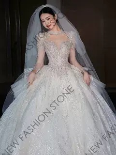 G 長袖ライトウェディングドレス2024新婦主紗宮廷風高級感重工フレンチウェディングドレス-70