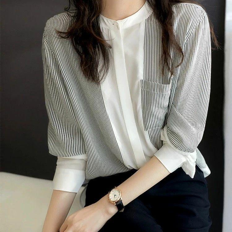 夏新作ブラウス レディース 春秋 長袖 シャツブラウス トップス ストライプ 通勤 おしゃれ きれいめ 大人可愛い 30代 40代 50代 異素材切替 カジュアル 長袖シャ