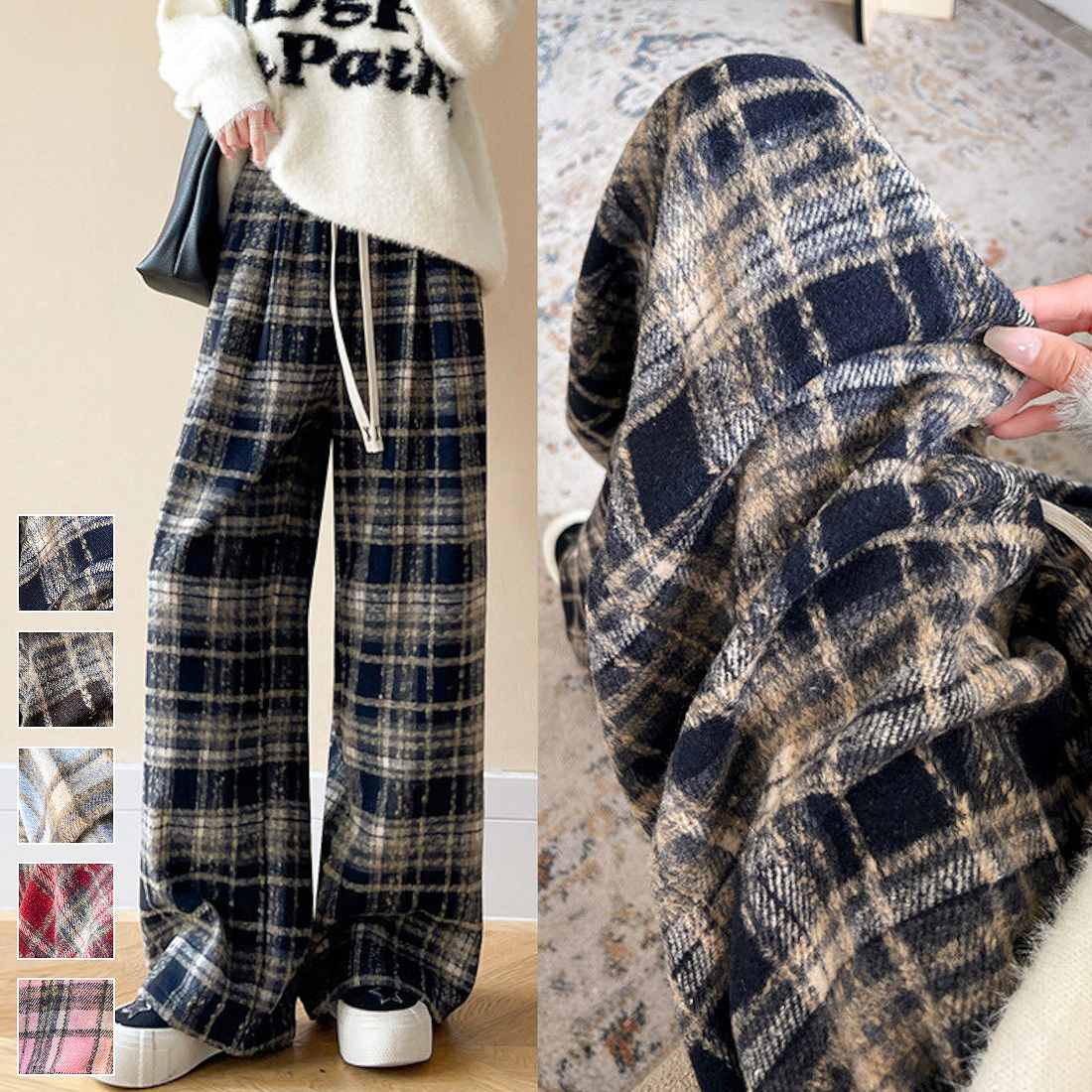 程よい厚みで柔らかく包み込まれるような着心地のチェック柄ワイドパンツ ウェストゴム紐 両サイドポケッ