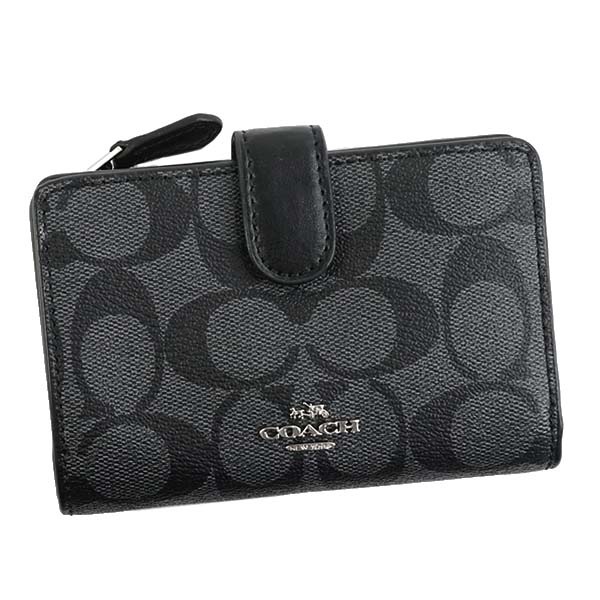 COACH F23553-SVDK6 コーチ シグネチャー ミディアム コーナージップ ウォレット レディース二折財布 アウトレット PVCコーティングキャンバス スモークブラック×ブラック