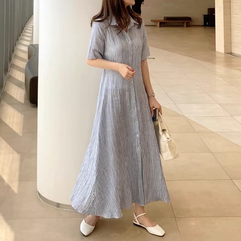 ワンピース ロングワンピース シャツワンピース 半袖 襟付き 前開き ボタン フレアスカート かわいい 大人可愛い きれいめ シンプル 上品 おしゃれ カジュアル こなれ感 個性的 主役級 存在感