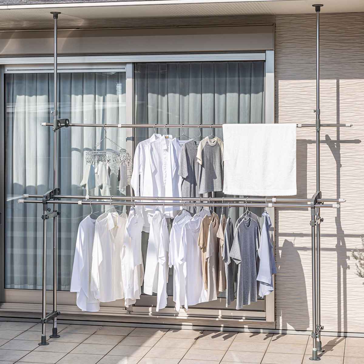 物干し 室外 ベランダ用突っ張り物干し 2段 布団干し ポール 突っ張り 洗濯 洗濯物干し ベランダ用 衣類 ふとん スタンドポール ダブルバー ステンレス ハンガーラック 屋外 二段