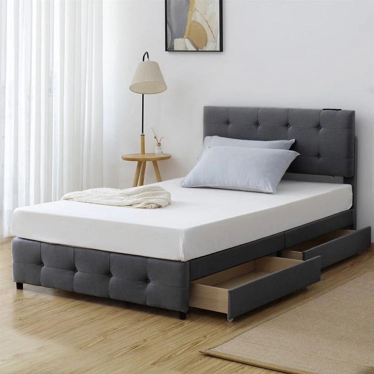 Hot!!!北欧風 木製 SD ファブリックベッド ベッドフレームのみ 引き出し付き 布貼りベッド アイアン
