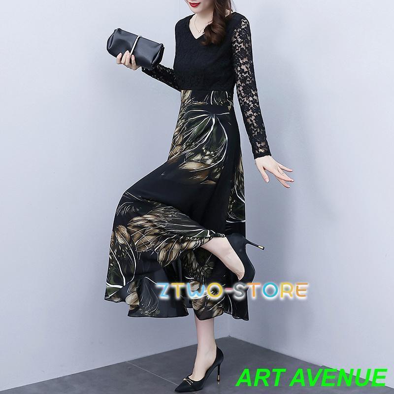 ロングワンピース レデイース 長袖 ワンピース ｖネック レース切り替え 花柄スカート Aラインワンピース 上品 おしゃれ ママコーデ 30代 40代 秋