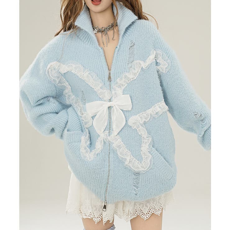 HOOKfor　girls　レースリボンバタフライダブルジップニット 8,108円