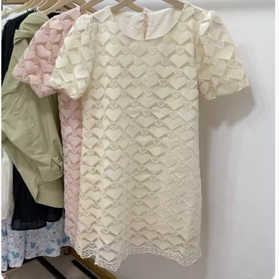 ワンピース レディース 膝下 ミモレ 半袖 ラウンドネック 襟なし ワイド ストレート フェミニン 刺繍 透け感 シースルー 薄手 かわいい 大人可愛い 上品 おしゃれ こなれ感 ラフ ガーリー