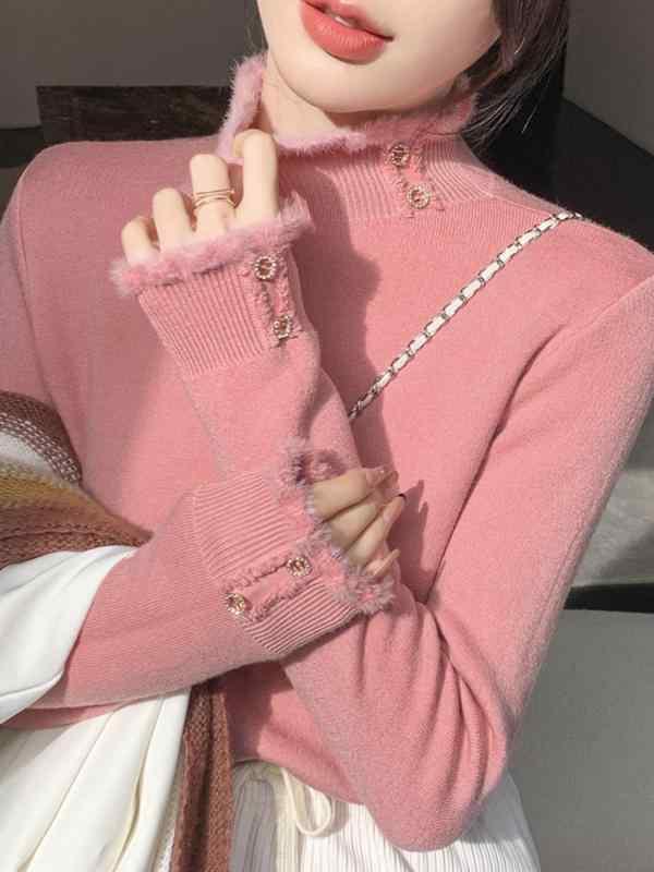 シャツ レディース 秋 冬 ニット 厚手 ベルベット 暖かい ボトム ハーフ タートルネック 一体型 ベルベット セーター ハイエンド