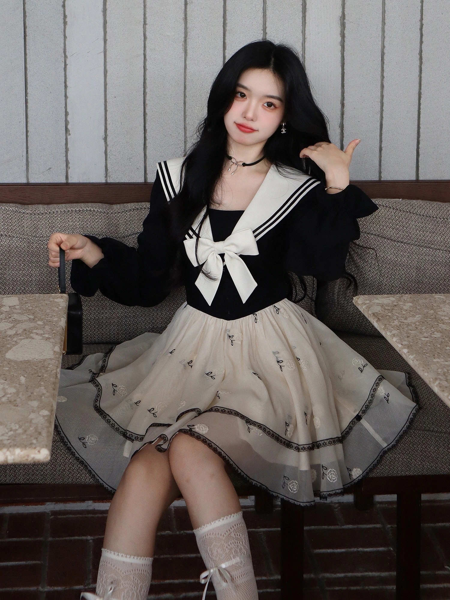 ガールズ プレッピースタイル ネイビー リボン ドレス 刺繍 ケーキスカート ショートスカート 秋