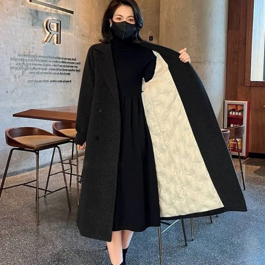 黒と白のダックダウンコート女性のための 2025 秋と冬の韓国スタイルのダブルブレストミッドレングス暖かいウールダウンジャケットコート女性のための