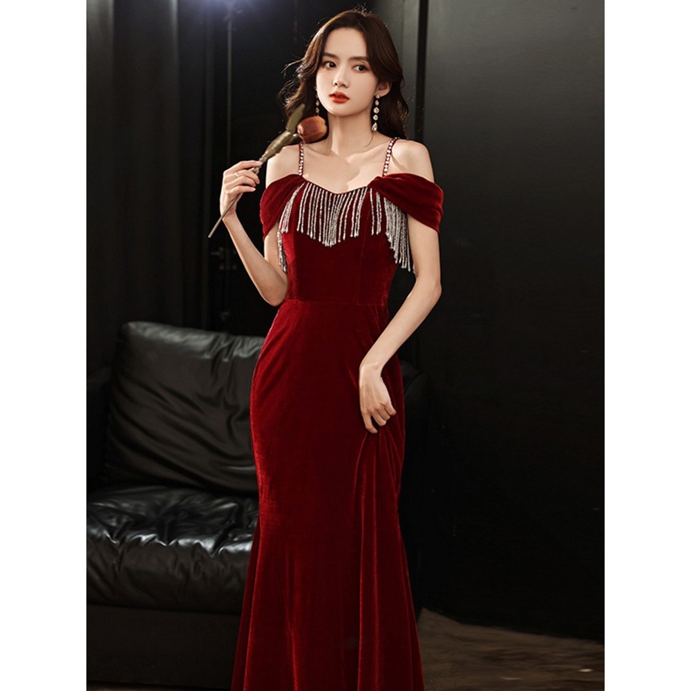 新婦 乾杯ドレス ストラップ 高級 ベルベット マーメイド ワインレッド