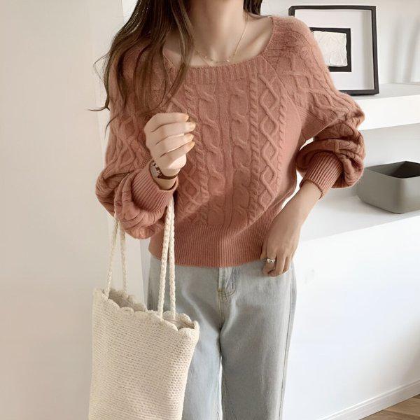 女性ソフトパフスリーブスクエアネックケーブルニットSDW-KNA-JSC0009