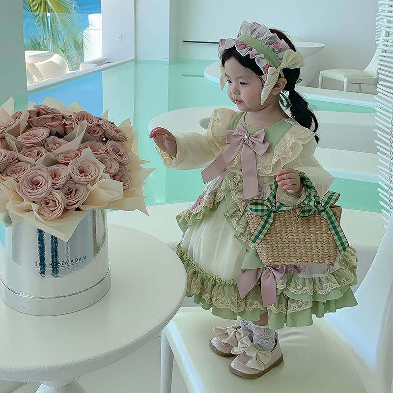 ガールズロリータプリンセスドレス2024新作春秋長袖フランス花柄スカート気質韓国風