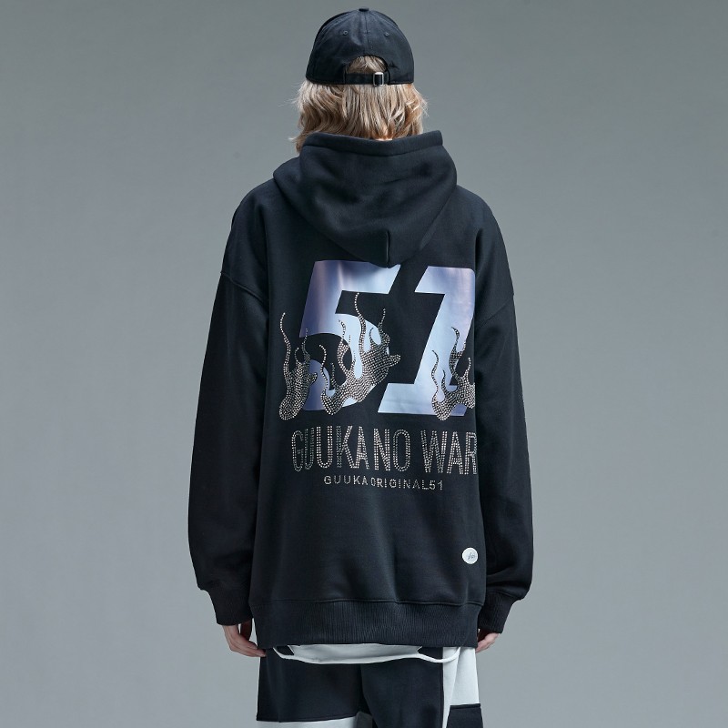 トレンディな黒のフード付きスウェットシャツ女性の秋と冬の学生ヒップホップホットダイヤモンドプリントプラスベルベットスポーツパーカールーズ