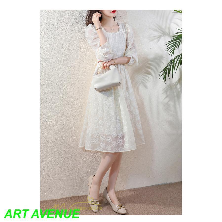 Aラインワンピース 秋コーデ レディース 長袖 膝丈ワンピース 腰リボン付き 刺繍 パフスリーブ 美ライン シルエット 無地 オフィス お呼ばれ 大人