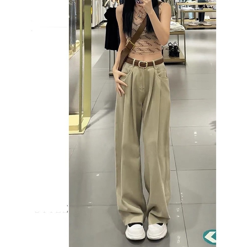 女性用ハイウエストプリーツワイドレッグジーンズゆったりスリム2025スリムで多用途なヨーロッパとアメリカのデザインフロアレングスストレートパンツ