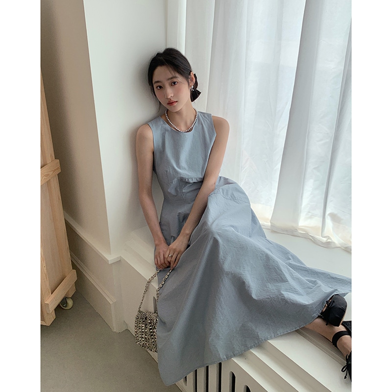 レイジースタイルラウンドネックノースリーブベストドレス女性のための2024夏aライン大きな裾スカートw998a