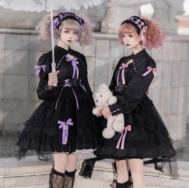 期間限定30%割引 ロリータ ワンピース 長袖 ゴスロリ ゴシック ロリータ ドレス 膝丈 可愛い 裾フリル リボン lolita ドレス チャイナカラー 鎖骨に穴開け ふんわり 甘ロリ チュール レ