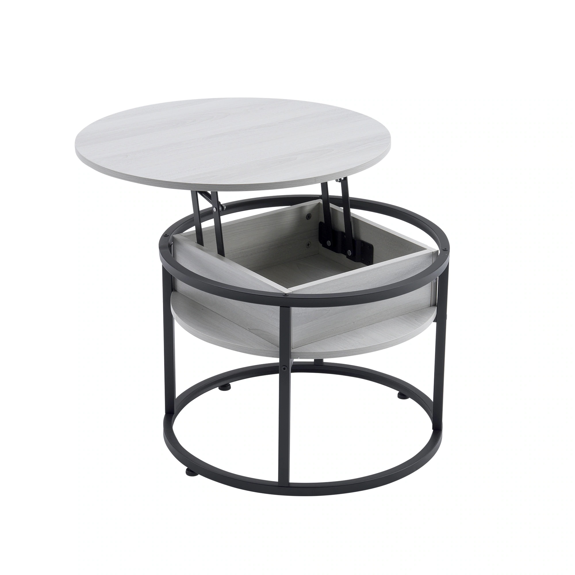 136【新作登場】昇降式テーブル センターテーブル 円形 大容量収納 木目調 コーヒーテーブル ローテーブル 隠し収納スペース 北欧 モダン 昇降テーブル スチール脚【グレー（ブラック脚）】