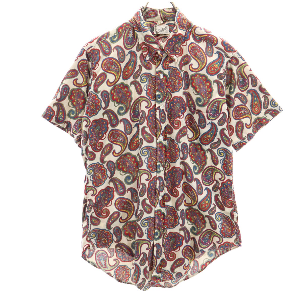 Monticello 70s ヴィンテージ ペイント柄 半袖 ボタンダウンシャツ M グレージュ メンズ 古着